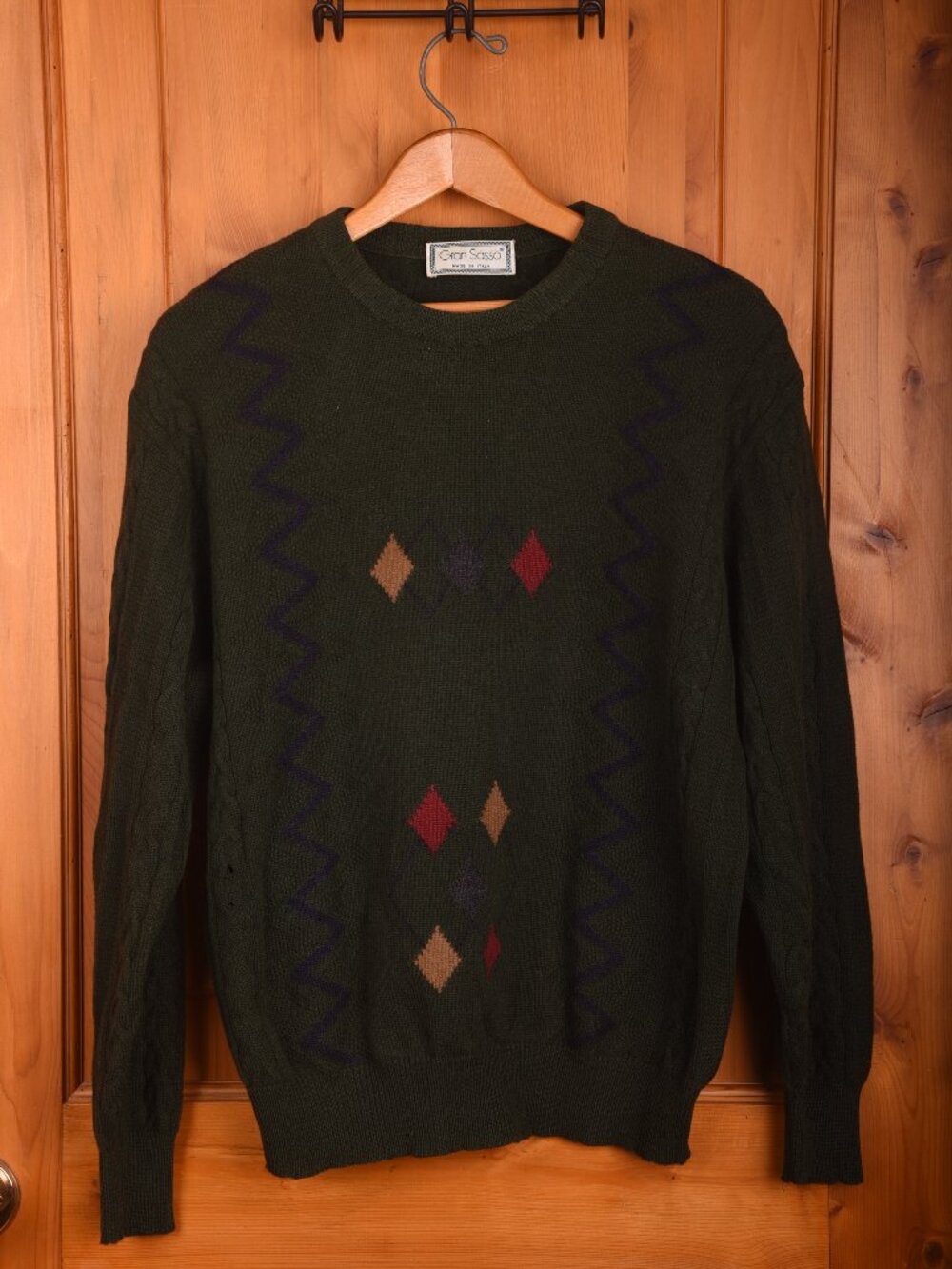 Vintage Gran Sasso Italy 100% Lana Wool Men's Sweater Green Argyle